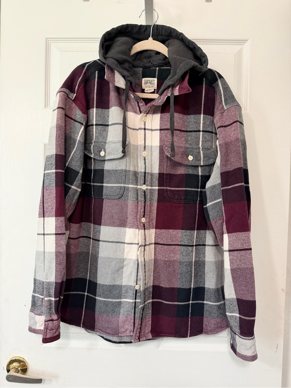American Eagle Outfitters Hooded Plaid Utility Jacket - Burgundy, Gray, White